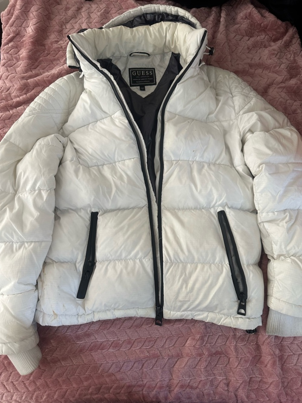 GUESS Women's White Quilted Puffer Jacket with Hood
